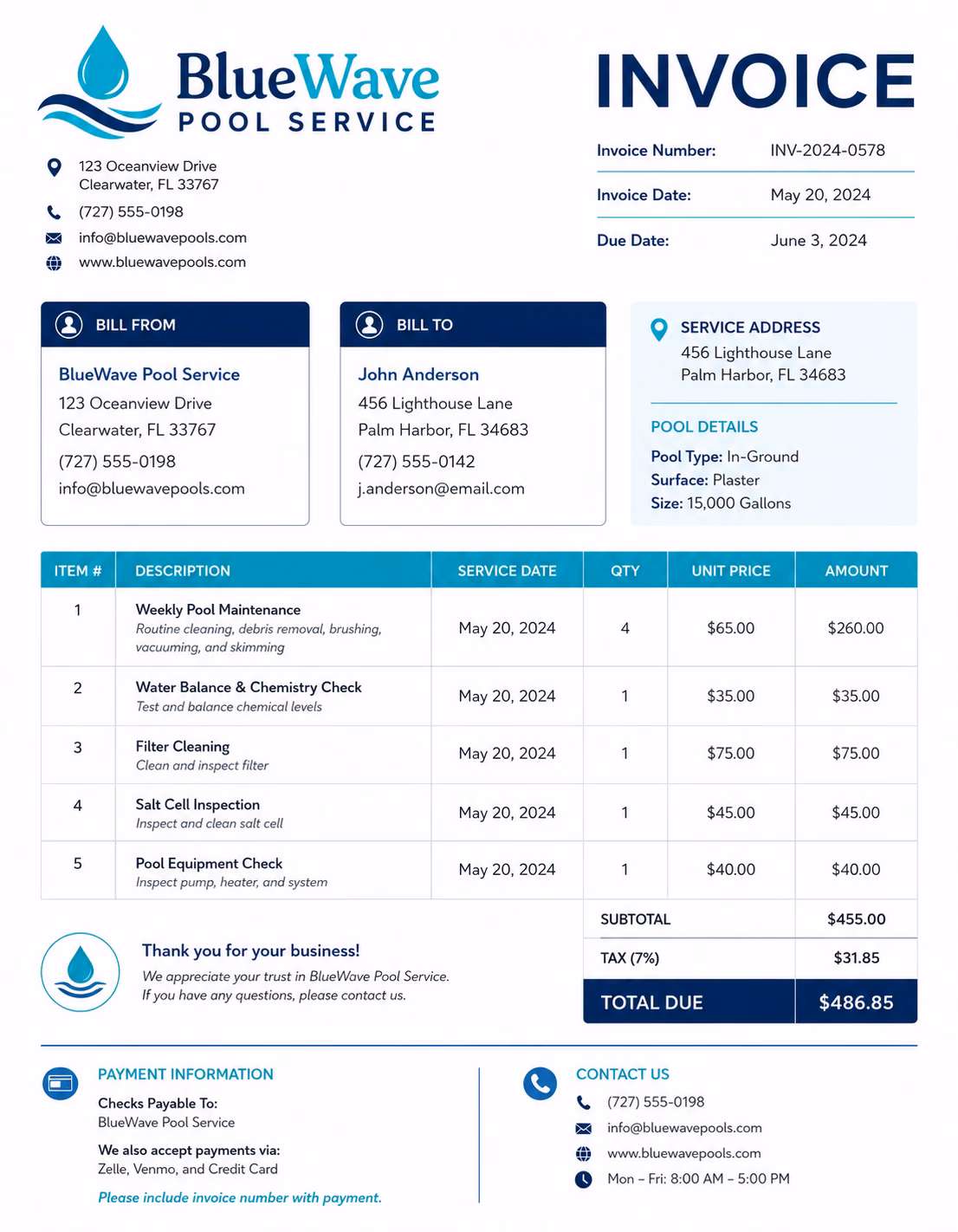 Free Pool Service Invoice Template Pool service invoice template showing pool cleaning, maintenance services, labor charges, chemicals, equipment repairs, and payment details
