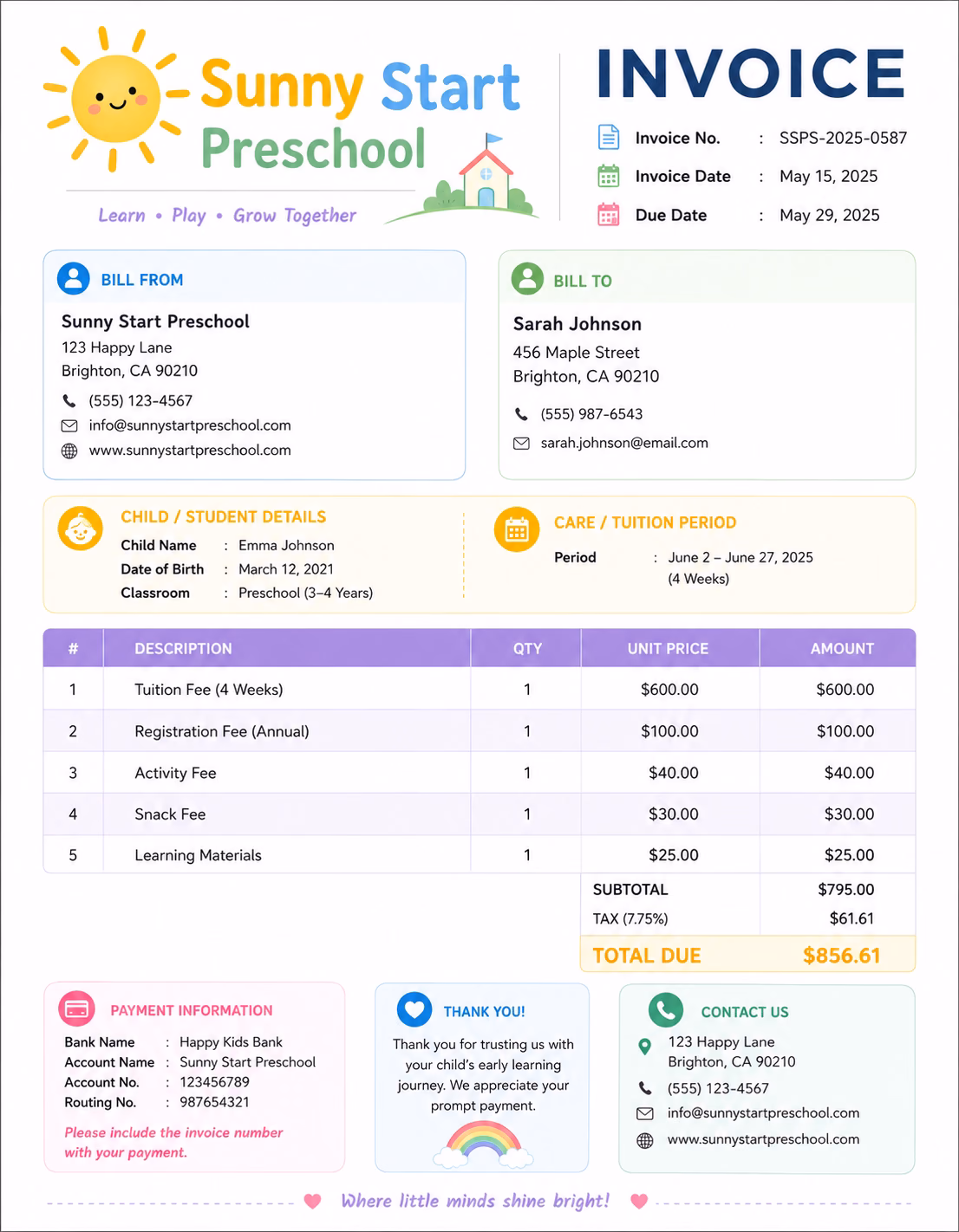 Free Pre-School Invoice Template Preschool invoice template showing preschool services, tuition details, care charges, and payment information