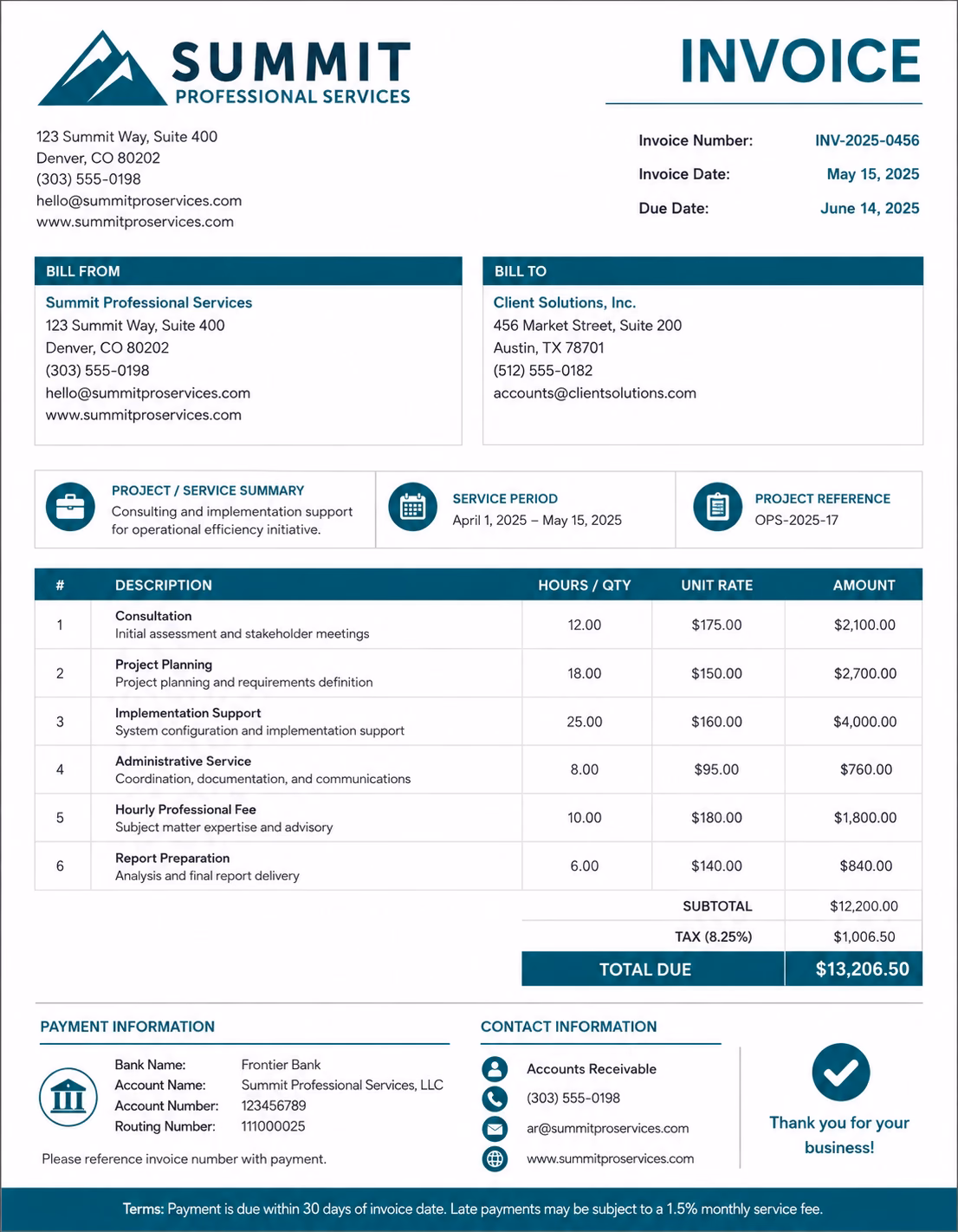 Free Professional Services Invoice Template Professional services invoice template showing consulting or business services, project details, service charges, and payment information