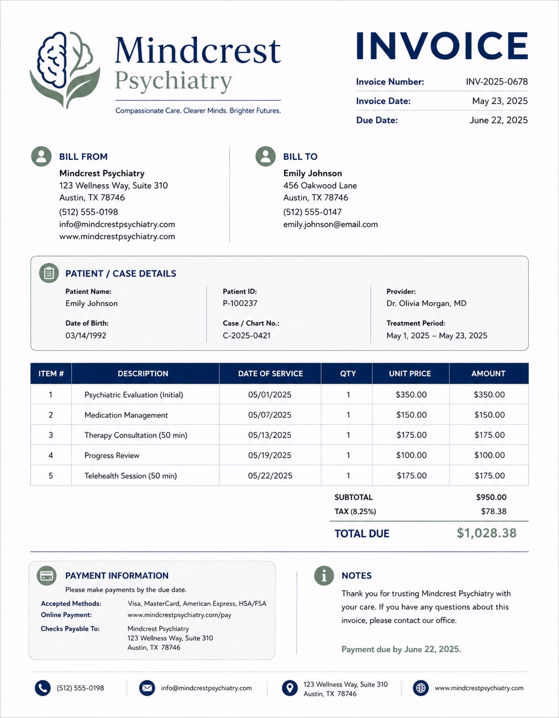 Free Psychiatrist Invoice Template Psychiatrist invoice template showing psychiatric consultation services, treatment details, session fees, and payment information