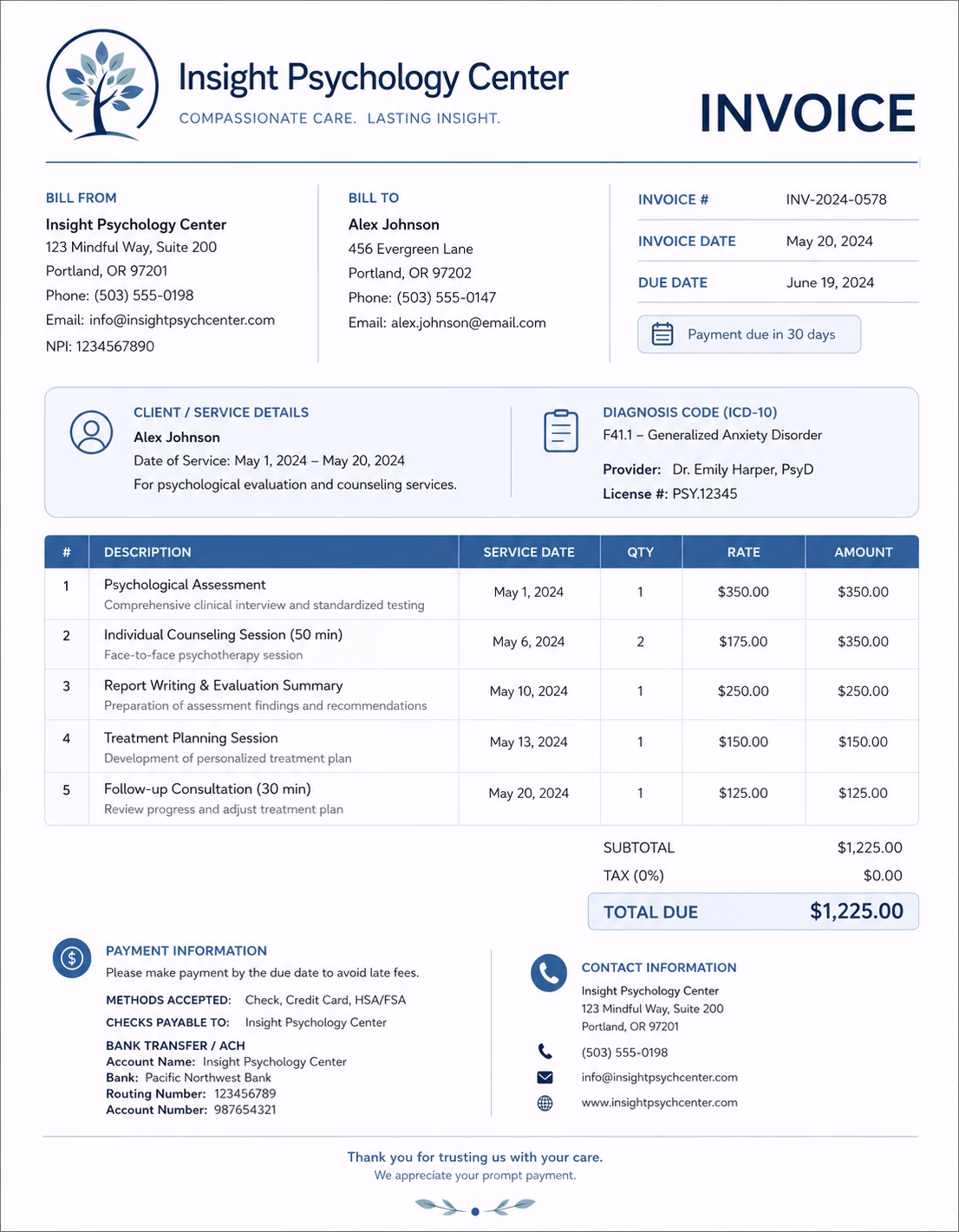 Free Psychologist Invoice Template Psychologist invoice template showing psychological consultation services, therapy sessions, treatment details, and payment information