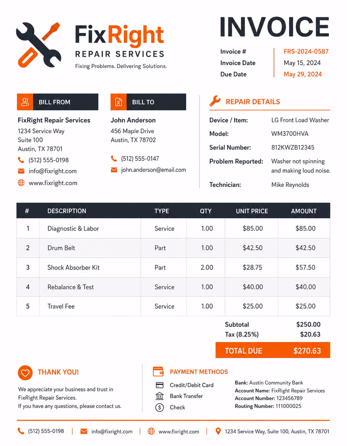 Free Repair Invoice Template Repair invoice template showing diagnostics, labor, parts, maintenance, service fees, taxes, and payment details