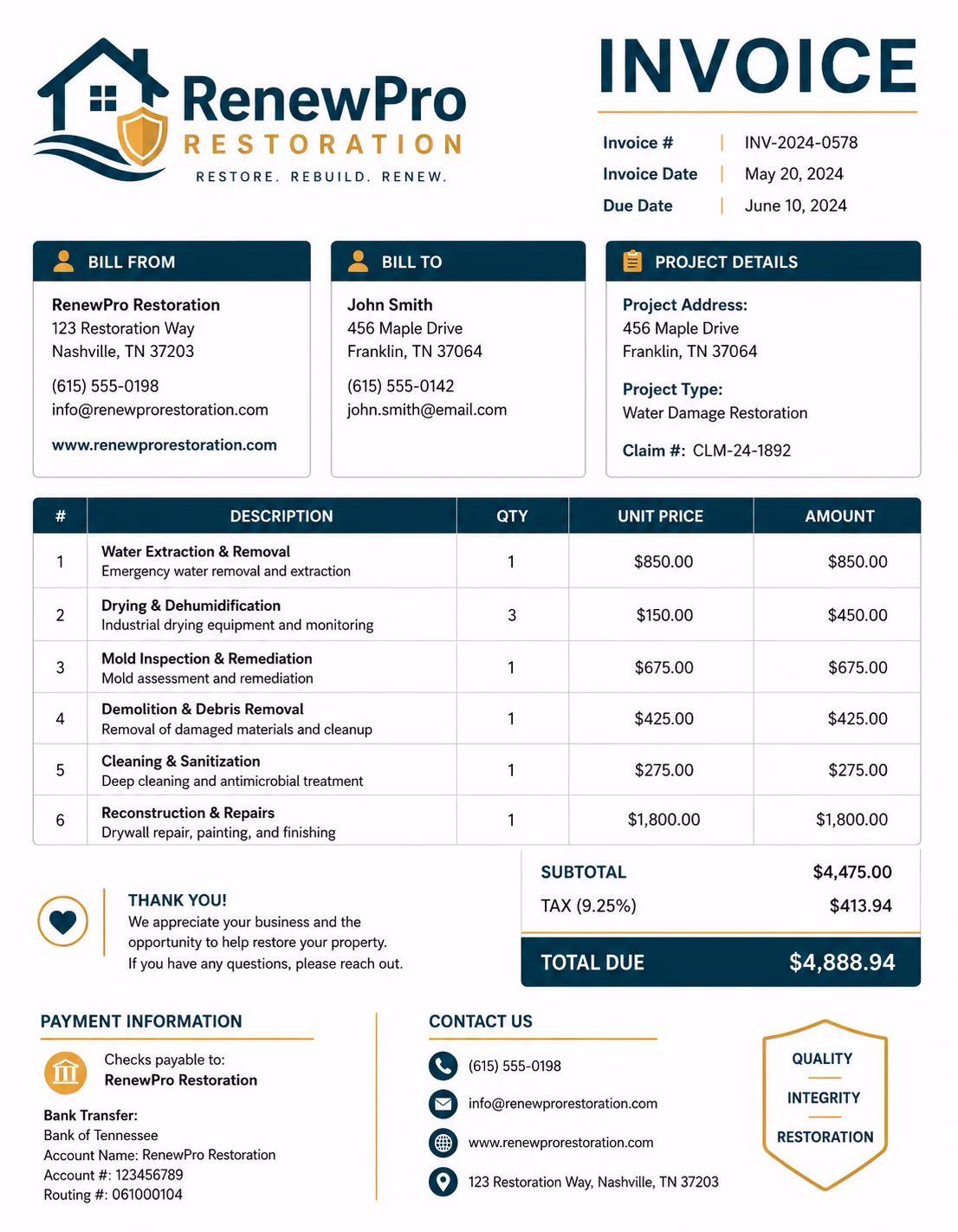 Free Restoration Invoice Template Restoration invoice template showing restoration services, labor charges, materials, project details, and payment information