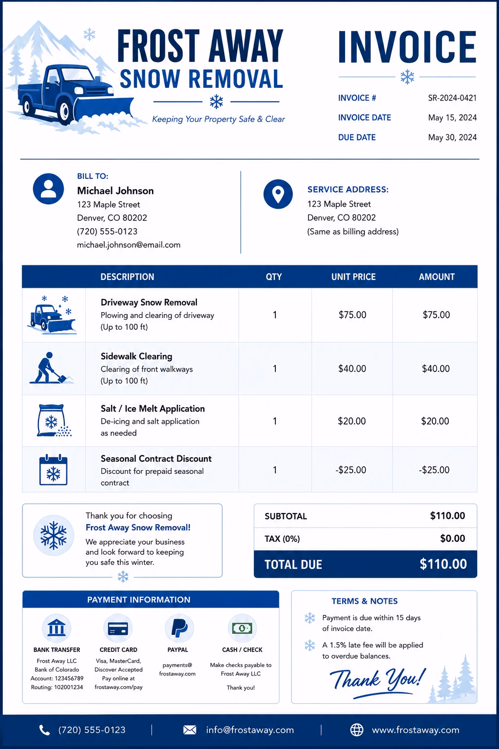 Free Snow Removal Invoice Template Snow removal invoice template showing snow clearing services, service hours, equipment charges, and payment information