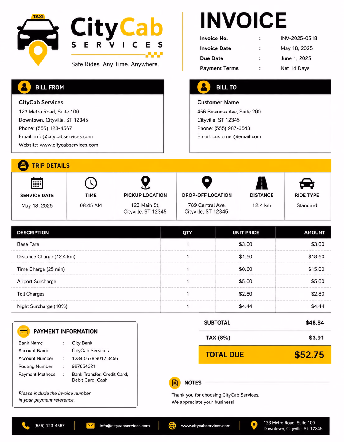 Free Taxi Invoice Template Taxi invoice template showing transportation services, trip details, fare charges, and payment information