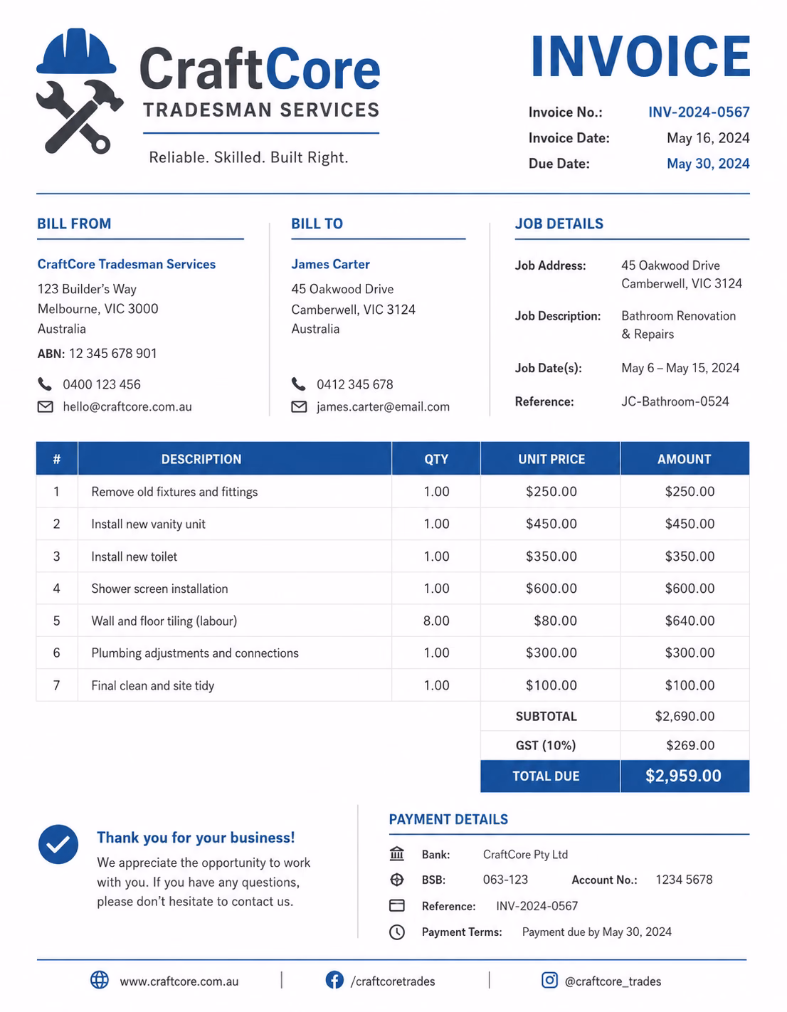 Free Tradesman Invoice Template Tradesman invoice template showing labor, materials, repairs, installations, equipment, taxes, and payment details