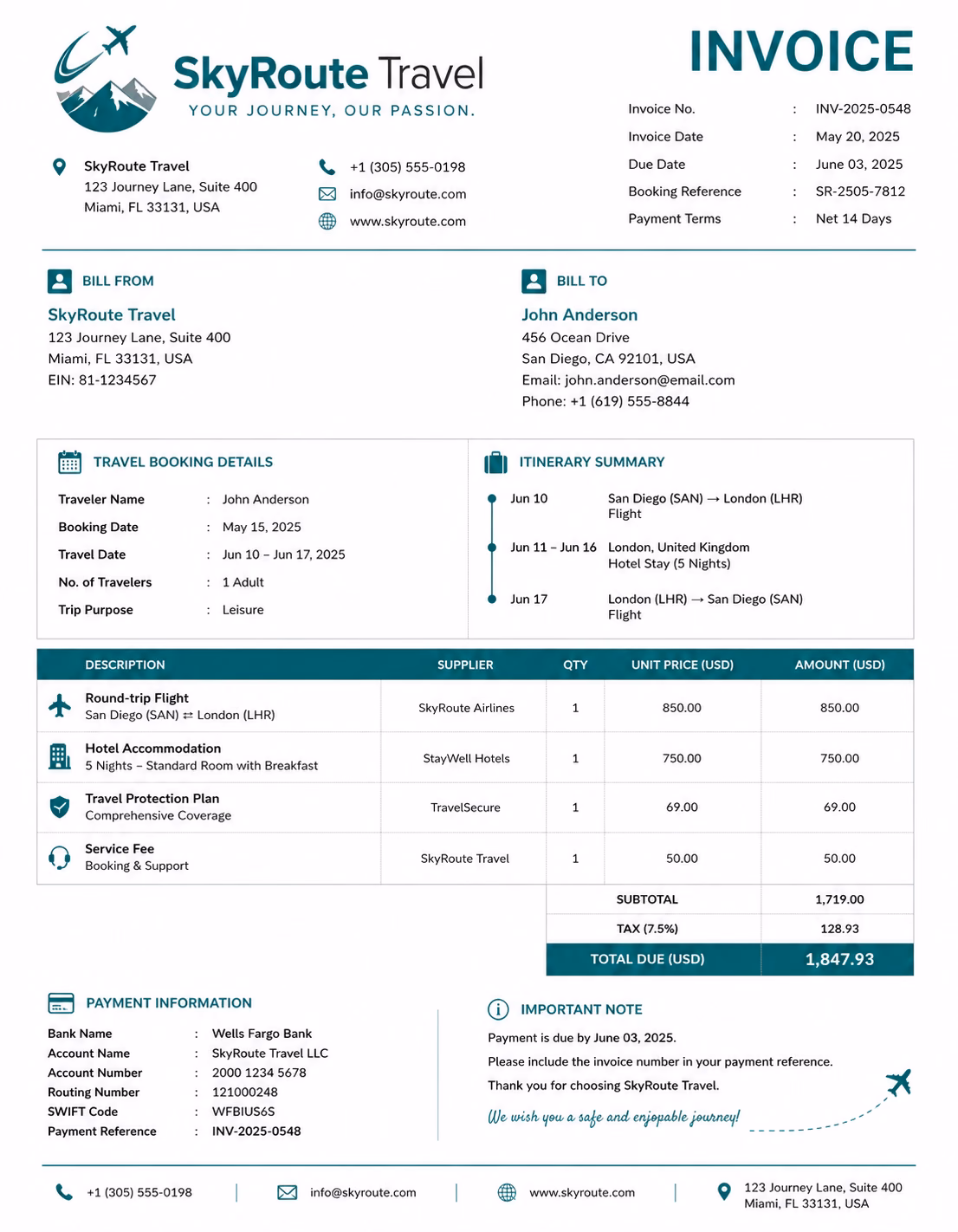 Free Travel Agency Invoice Template Travel agency invoice template showing travel booking services, itinerary details, service charges, and payment information