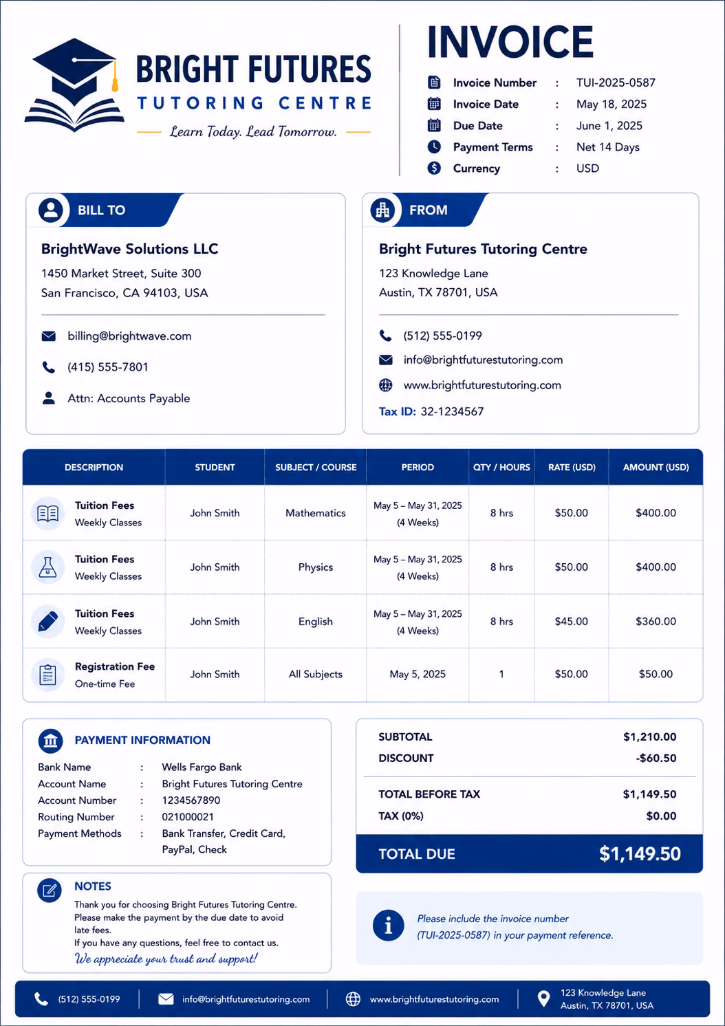 Free Tuition Invoice Template Tuition Invoice Template