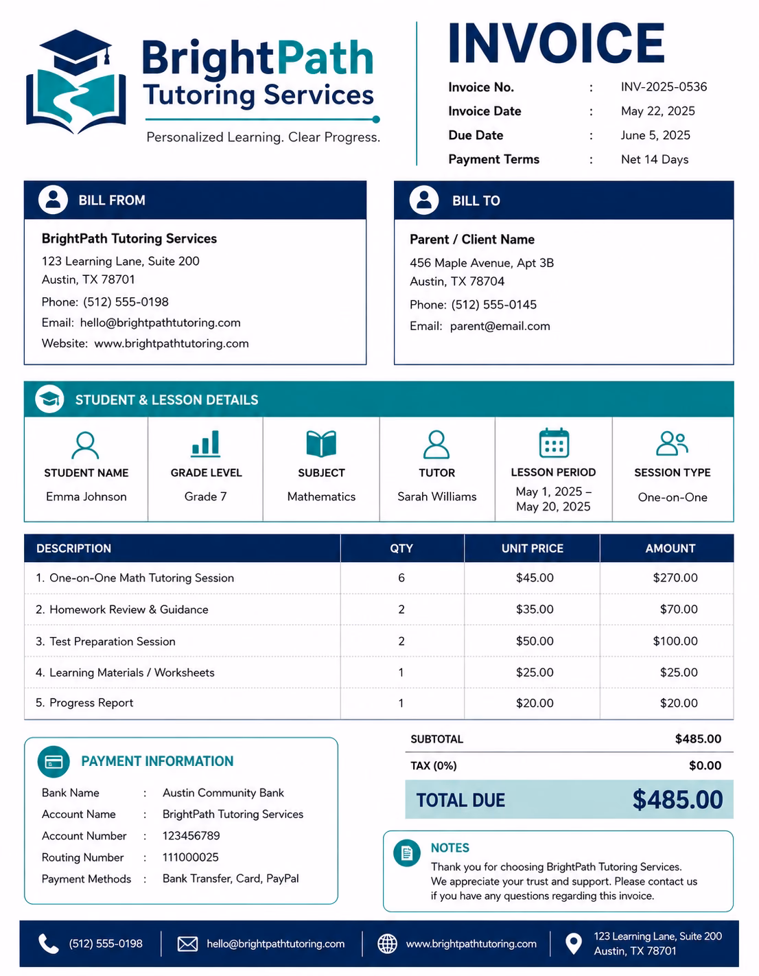 Free Tutoring Invoice Template Tutoring invoice template showing tutoring services, lesson details, session fees, and payment information