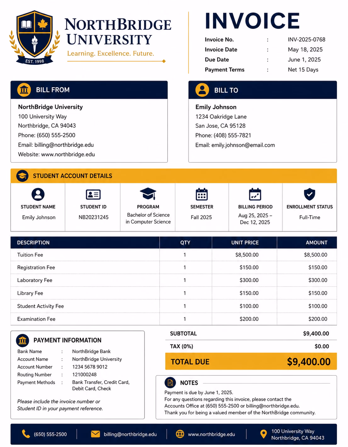 Free University Invoice Template University invoice template showing tuition fees, course details, educational charges, and payment information