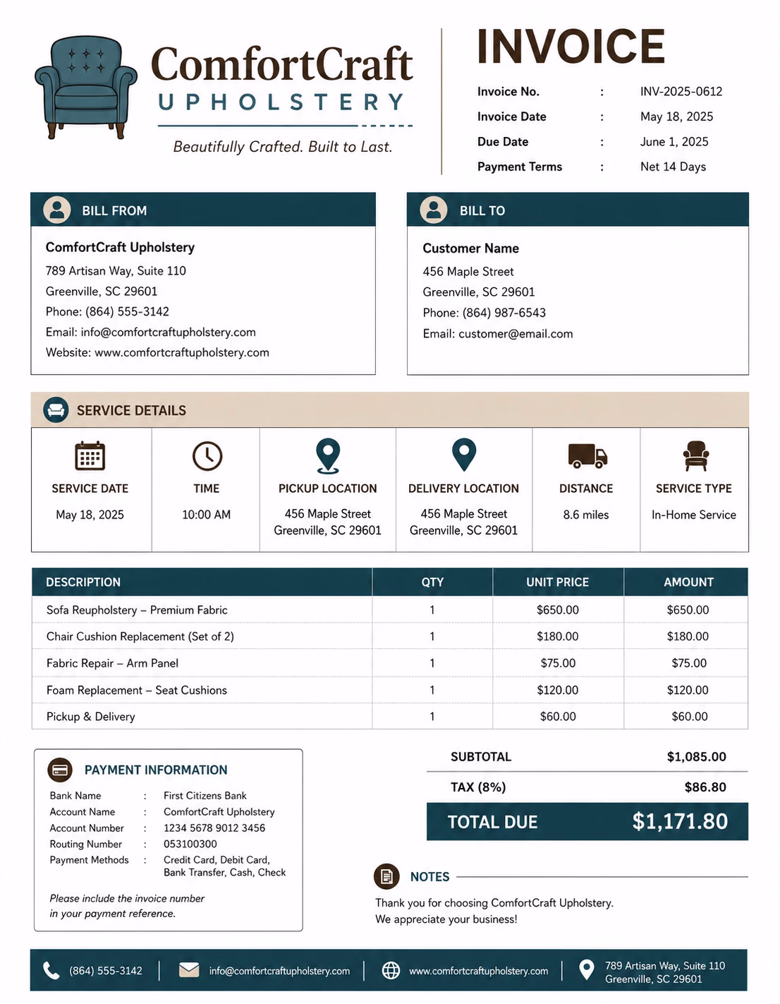 Free Upholstery Invoice Template Upholstery invoice template showing upholstery services, materials, labor charges, and payment information