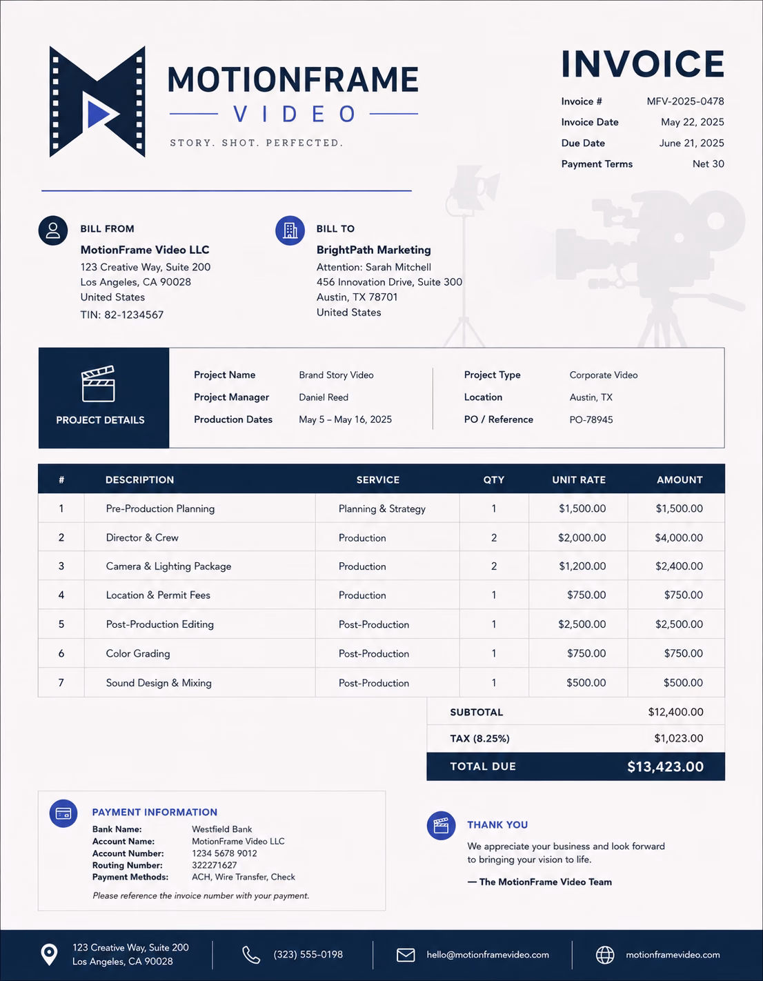 Free Video Production Invoice Template Video production invoice template showing production services, project details, editing charges, and payment information