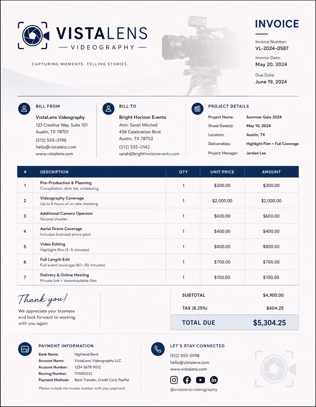 Free Videography Invoice Template Videography invoice template showing video recording services, project details, editing charges, and payment information