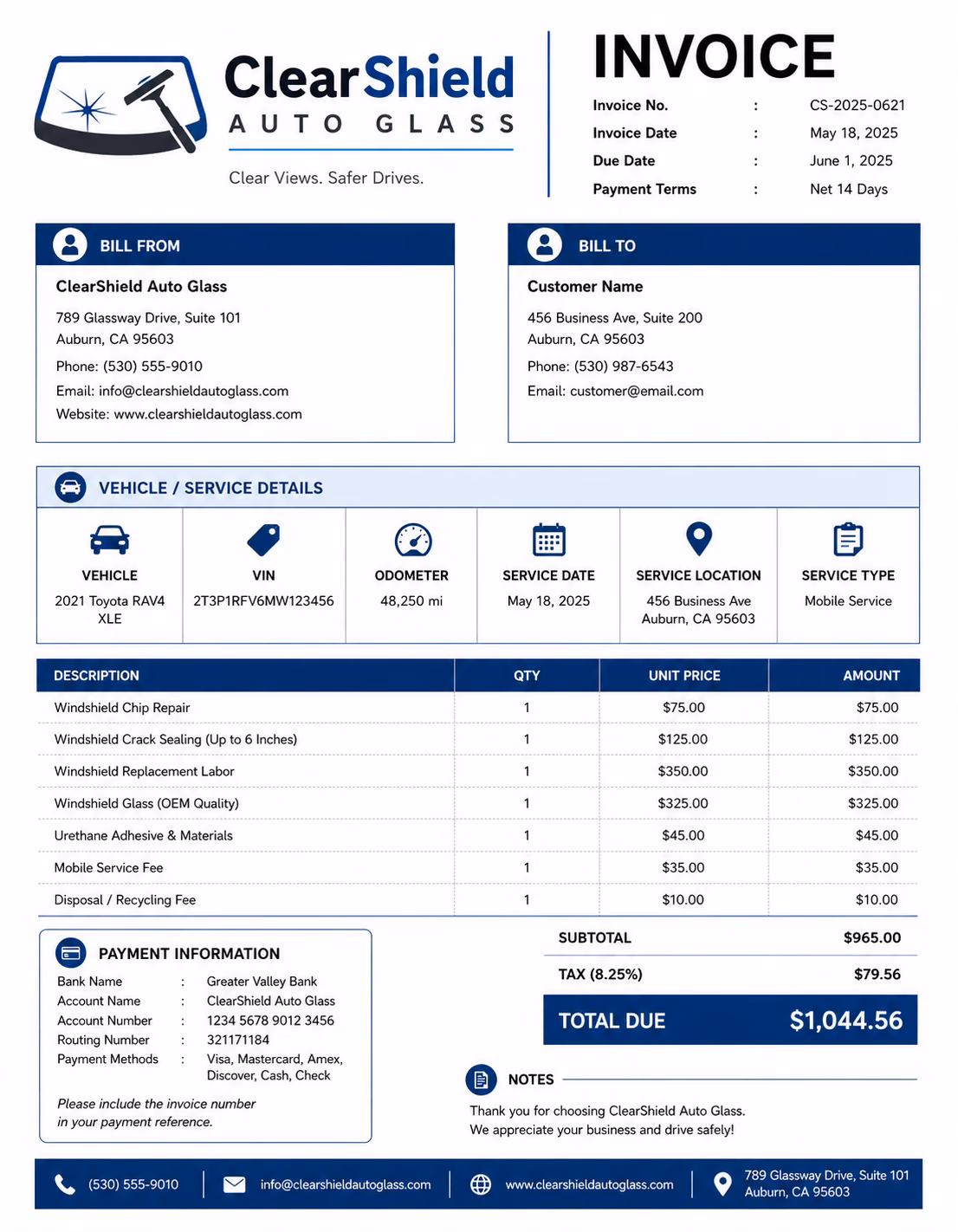 Free Windshield Repair Invoice Template Windshield repair invoice template showing windshield repair services, vehicle details, repair charges, and payment information