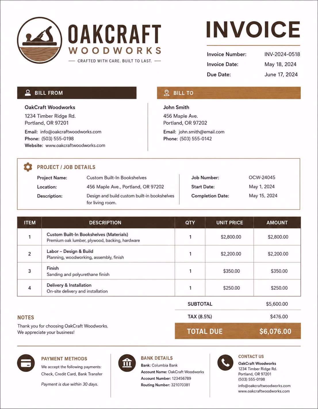 Free Woodworking Invoice Template Woodworking invoice template showing custom woodwork, furniture making, repairs, materials, labor, finishing, delivery, and payment details