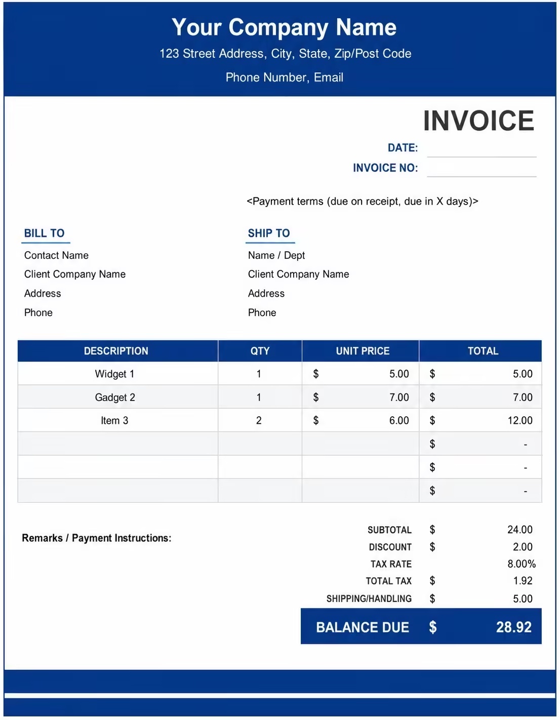 Navy Centered Invoice Template preview