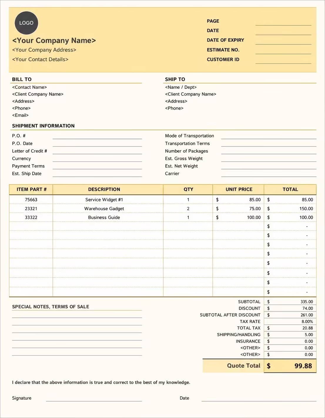 Yellow Commercial Invoice Template preview