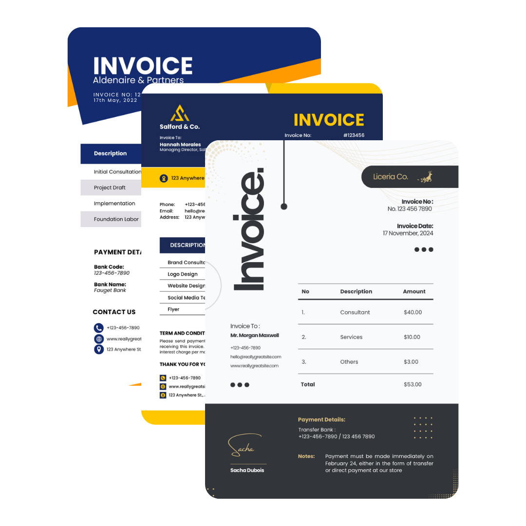 A group of modern professional invoice template previews A group of modern professional invoice template previews
